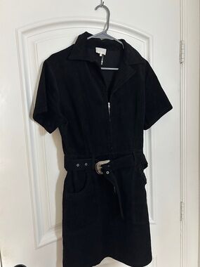 entro Black Short-Sleeve Corduroy Zip Dress with Belt